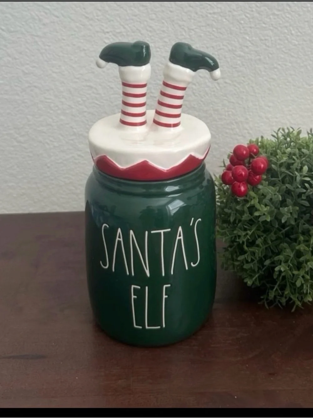 Rae Dunn SANTA'S ELF Green Figural Topper Canister NWOT